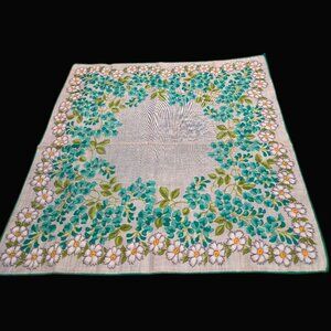Vintage Floral Handkerchief Aqua Blue Daisies & Green Leaves, 1950s Cotton Hanki